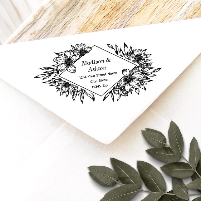 Carimbo Auto Entintado Rustic Floral Border Wedings Address (Effortlessly personalize your wedding mail with our elegant self-inking stamp.)