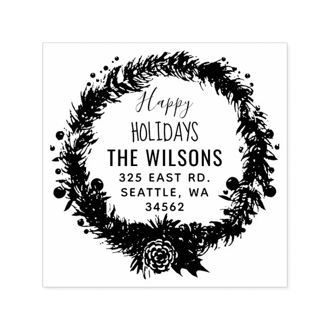 Carimbo Auto Entintado Rustic Pine Wreath Holidays Return Address (Design)