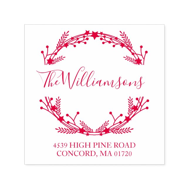 Carimbo Auto Entintado Rustic Red Christmas Wreath Name Endereço de devol (Design)