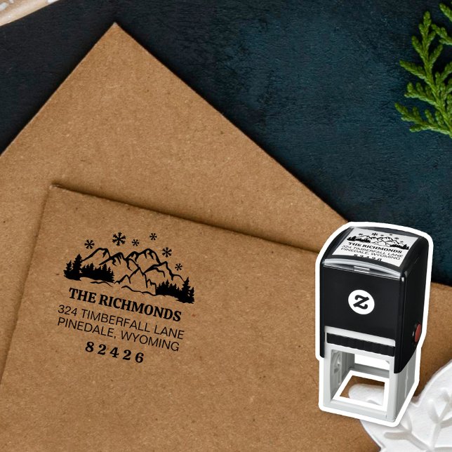 Carimbo Auto Entintado Rustic Snowfall Mountains & Pine Return Address (Criador carregado)