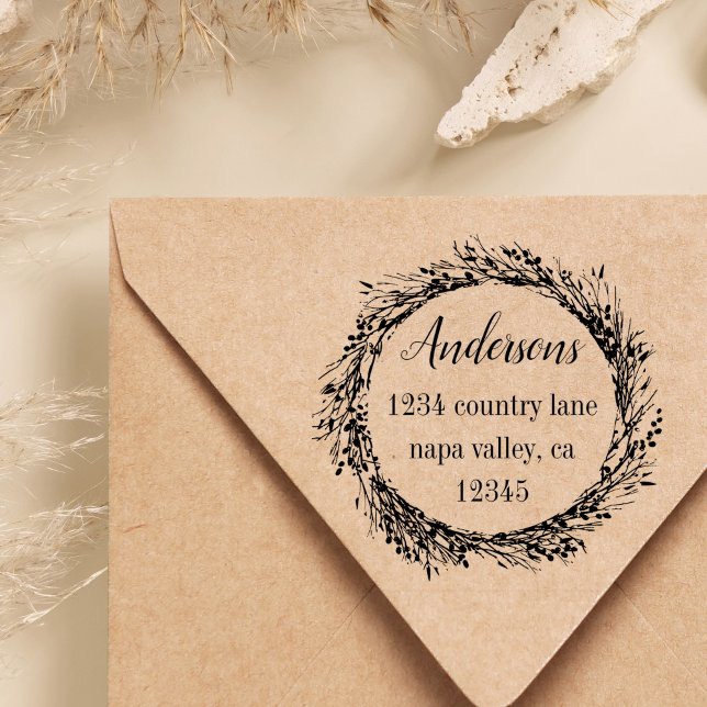 Carimbo Auto Entintado Rustic Wreath | Nome da família Endereço de devolu (Criador carregado)