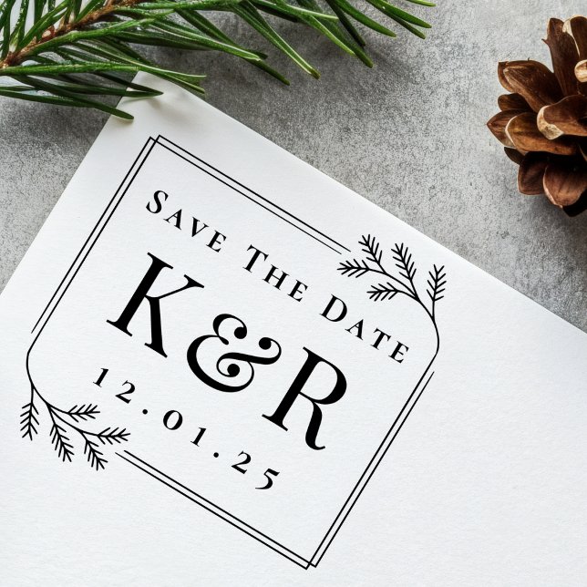 Carimbo Auto Entintado Save the Date Fir Frame Monogram Winter Wedding (Criador carregado)