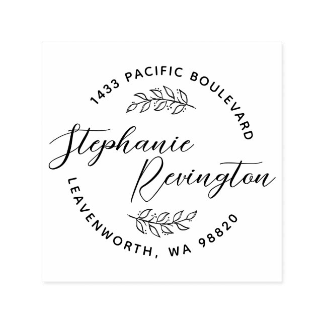 Carimbo Auto Entintado Script e Folhas | Crie seu próprio nome e endereço (Design)