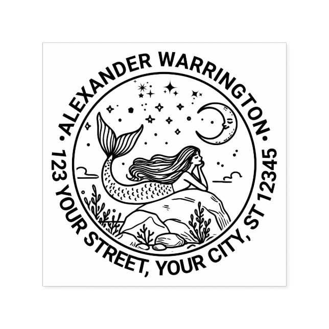 Carimbo Auto Entintado Sereia Deitada em Rocks Moon Name Endereço de reto (Design)