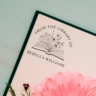 Carimbo Auto Entintado Seu nome Open Book & Flowers from the Library of