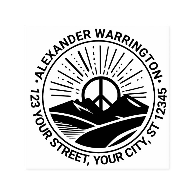 Carimbo Auto Entintado Sinal de Paz Montanhas Sunrise Nome Endereço (Design)