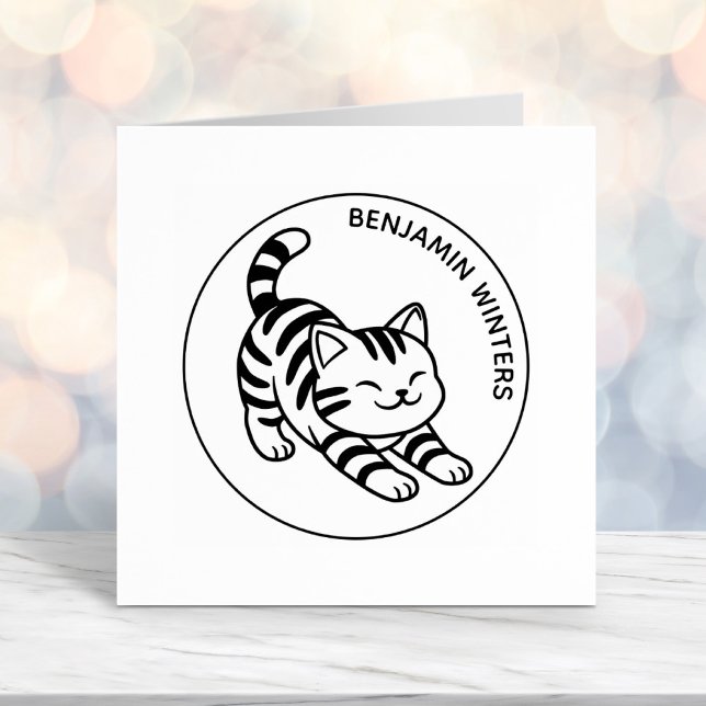 Carimbo Auto Entintado Stretching Tabby Cat Custom Text (Criador carregado)