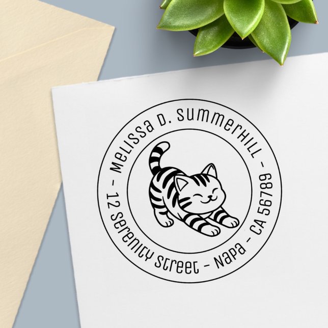 Carimbo Auto Entintado Stretching Tabby Cat Round Address (Criador carregado)