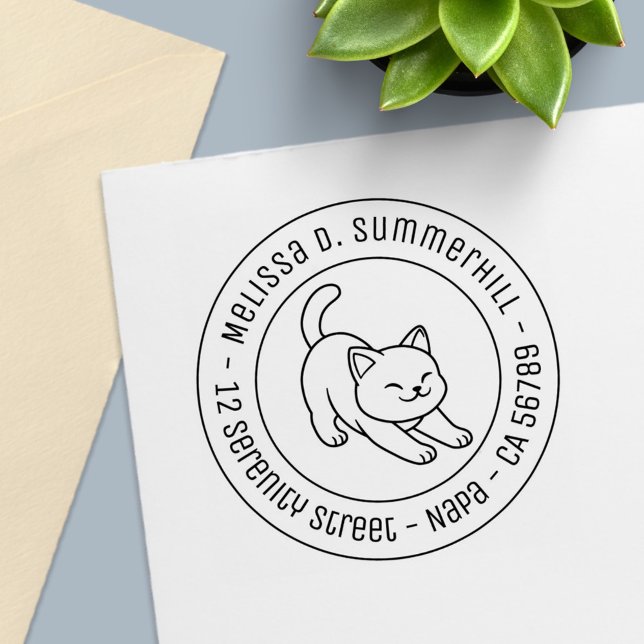 Carimbo Auto Entintado Stretching White Cat Round Address (Criador carregado)