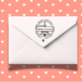 Carimbo Auto Entintado Tema da Árvore de Natal Feliz da Família