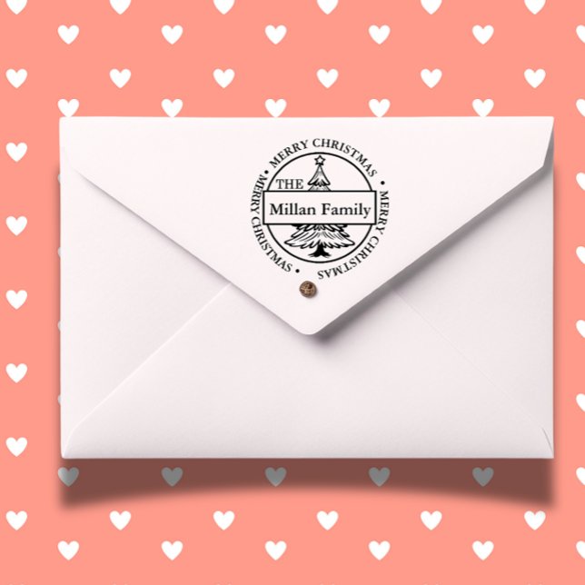 Carimbo Auto Entintado Tema da Árvore de Natal Feliz da Família (Celebrate the holiday season with a Family Merry Christmas Tree self-inking stamp )