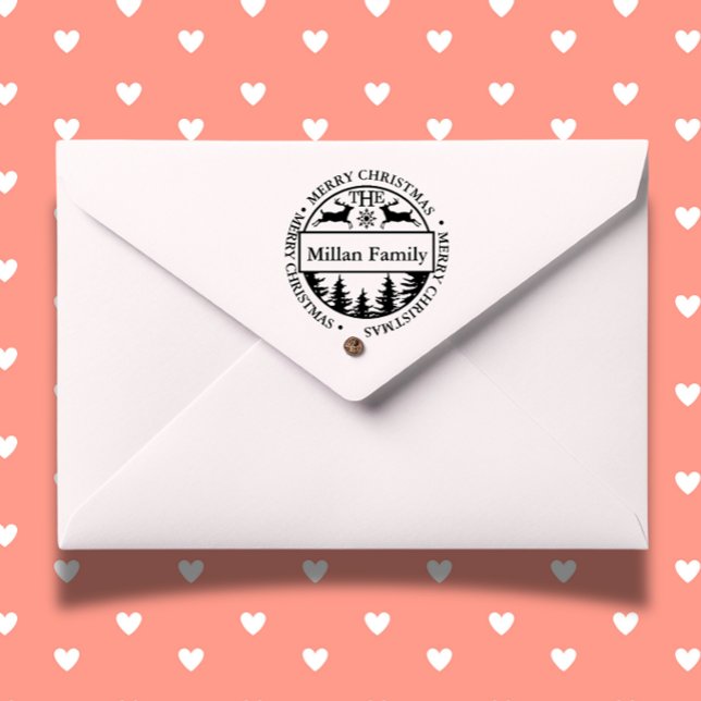 Carimbo Auto Entintado Tema da Família Feliz Natal Deer (Add a heartfelt touch to your holiday cards with our Family Merry Christmas Deer theme  )