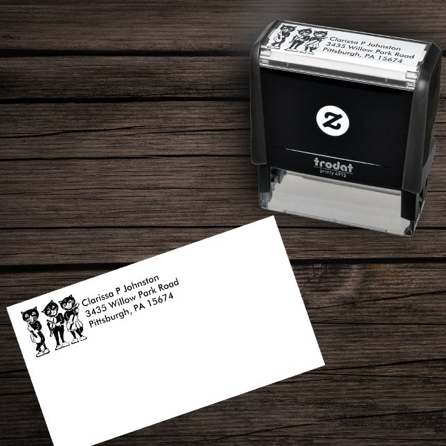 Carimbo Auto Entintado Três Calçados brancos de gatos pretos tocando músi (Three cat musicians playing musical instruments on self inking return address stamp.)