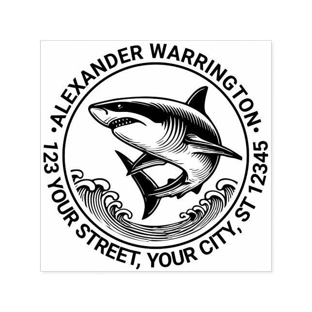 Carimbo Auto Entintado Tubarão Branco Acima das Ondas #2 Nome End Ret (Design)