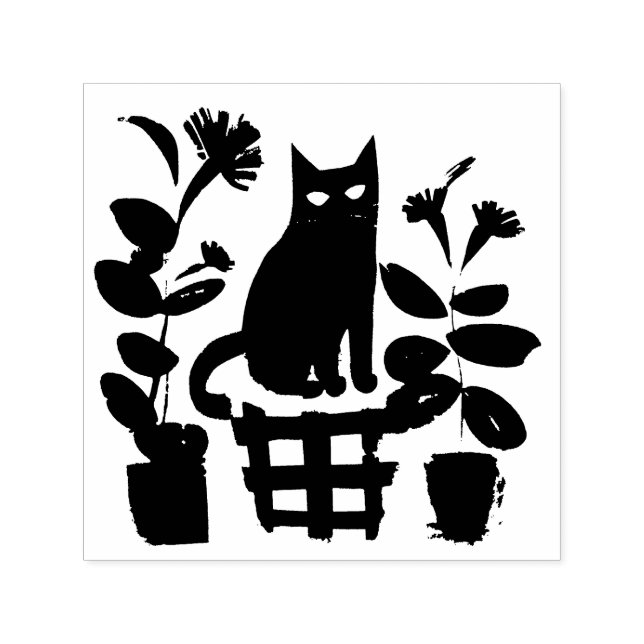 Carimbo Auto Entintado Um Gato Preto Com Plantas Domésticas (Design)