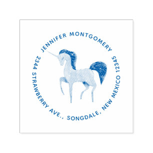 Carimbo Auto Entintado Unicórnio Nórdico Rosa com Endereço Maneiro Preto