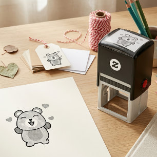Carimbo Auto Entintado Urso Teddy Kawaii Sorridente com Corações de Amor