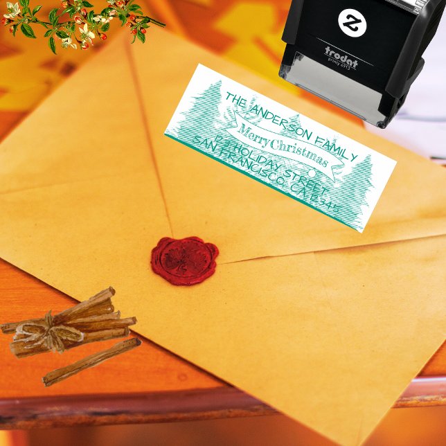 Carimbo Auto Entintado Verde Russo Merry Árvore de Natal Endereço (Criador carregado)