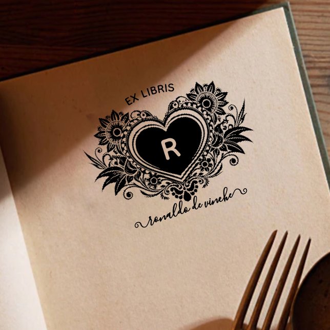 Carimbo Auto Entintado Vintage Floral Heart Monogramas Ex libris (Criador carregado)