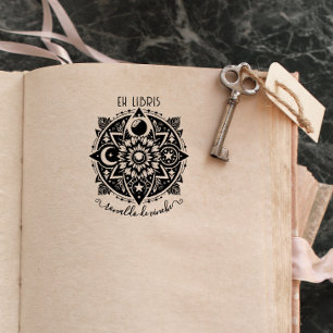 Carimbo Auto Entintado Vintage Floral Moon & Sun Ex libris