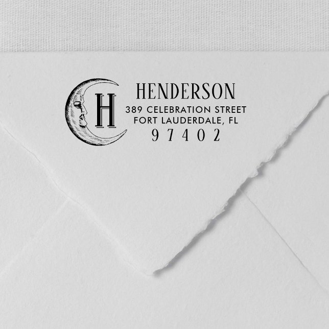 Carimbo Auto Entintado Vintage Moon Desenho Monograma Nome Retorno Endere (Criador carregado)