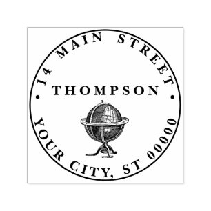 Carimbo Auto Entintado Vintage World Globe Lithógrafo Nome BW Endereço