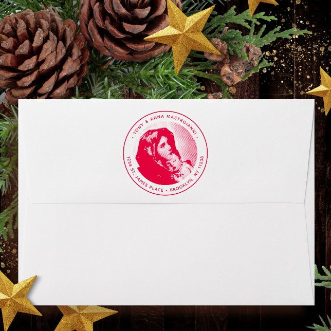 Carimbo Auto Entintado Virgin Mary & Jesus Endereço de Regresso de Natal (Religious Christmas self-inking stamp with Madonna & Child for Catholic familes & churches)