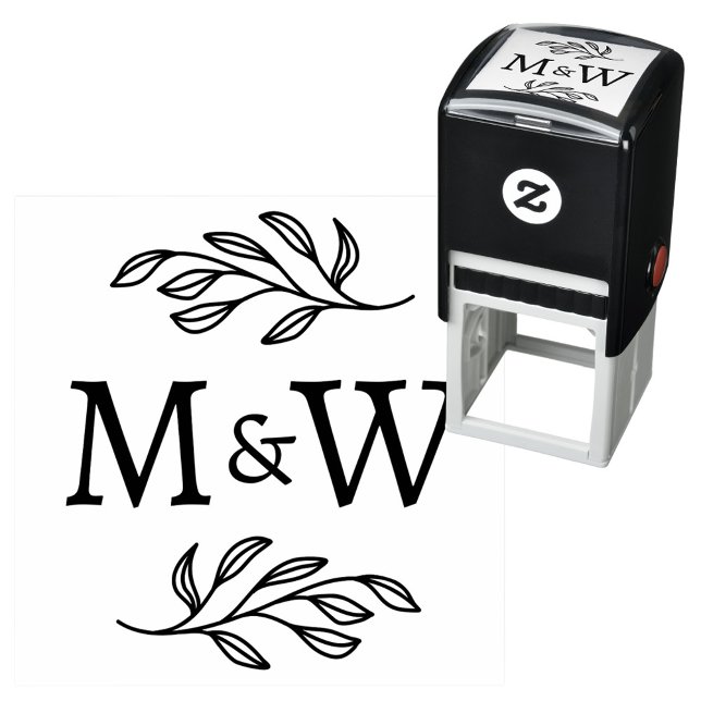 Carimbo Auto Entintado Wedding Couple Monogram Elegant Botanical (Modern wedding couple monogram logo initials self inking stamp with botanical leaf sprig)