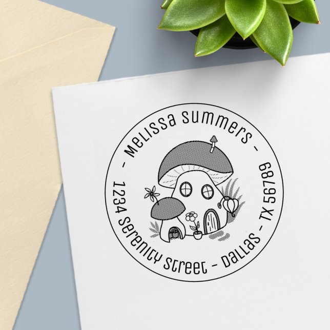 Carimbo Auto Entintado Whimsso Fairy Mushroom House Endereço redondo (Criador carregado)