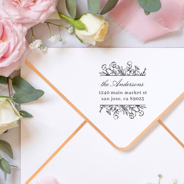 Carimbo Auto Entintado Whimsy Flowers deixa nome da família Endereço de d (Criador carregado)