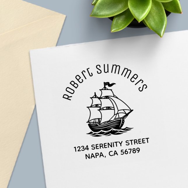 Carimbo Auto Entintado Wooden Sailing Ship Galleon Sea Arch Address (Criador carregado)