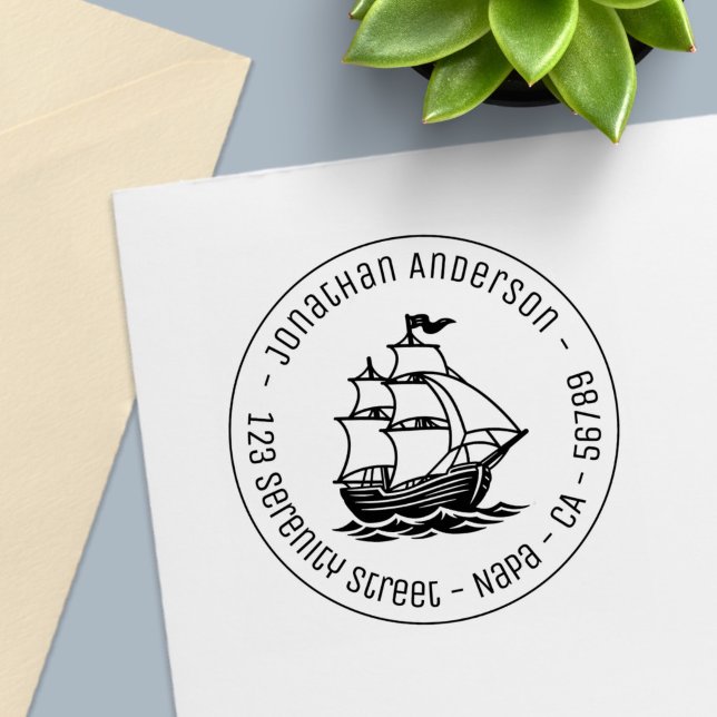 Carimbo Auto Entintado Wooden Sailing Ship Galleon Sea Round Address (Criador carregado)