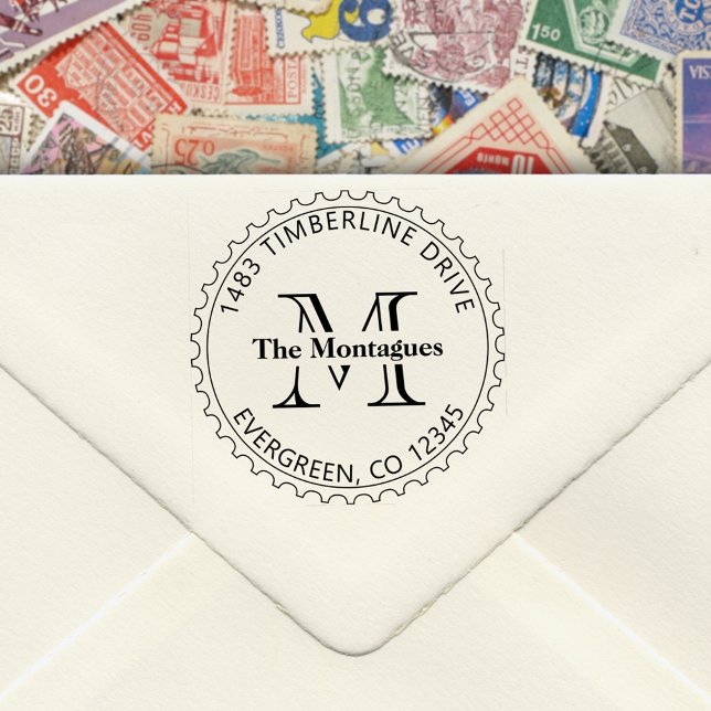 Carimbo Carimbo Carimbo Carimbo de Borda Rerodar E (Round return address rubber stamp with a postage stamp border. Personalized with your name, monogram)