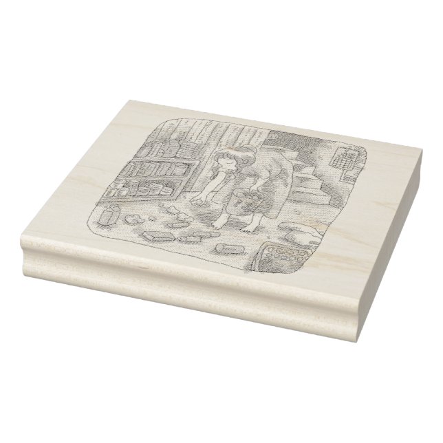 CARIMBO DE BORRACHA さなささじ  部屋の階段わきで屈んでたくさん落ちているゴミを拾う女性のイラスト (Carimbo)