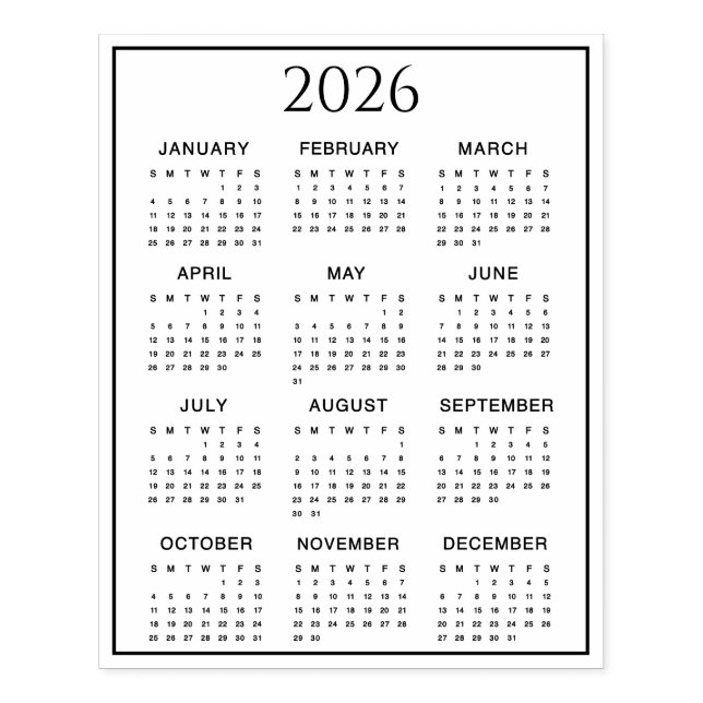 Carimbo De Borracha 2026 Calendar #2 Four Rows, Three Columns (Impressão)