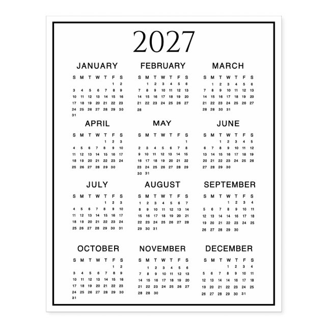 Carimbo De Borracha 2027 Calendar #2 Four Rows, Three Columns (Impressão)