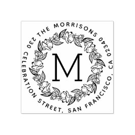 Carimbo De Borracha Arredondar Wreath Monograma Nome da Família Endere