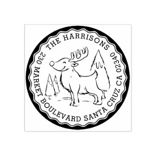 Carimbo De Borracha Árvore Natal & Reindet Endereço de devolução redon