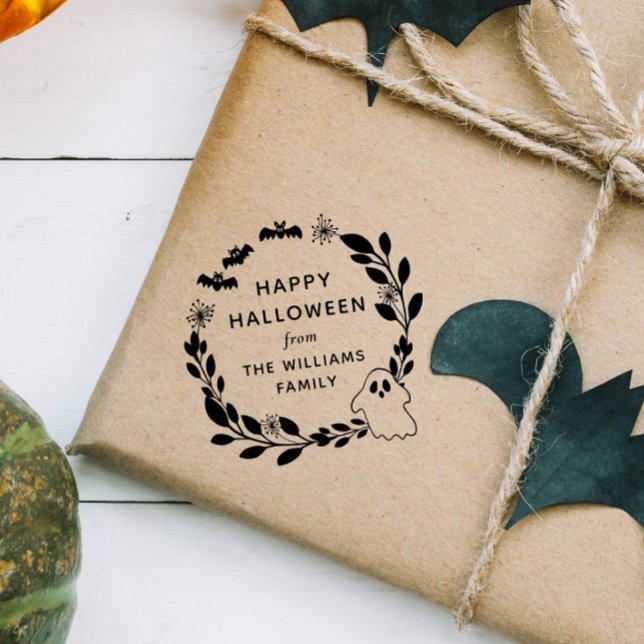 Carimbo De Borracha Bats & Ghost Wreath Happy Halloween (Criador carregado)