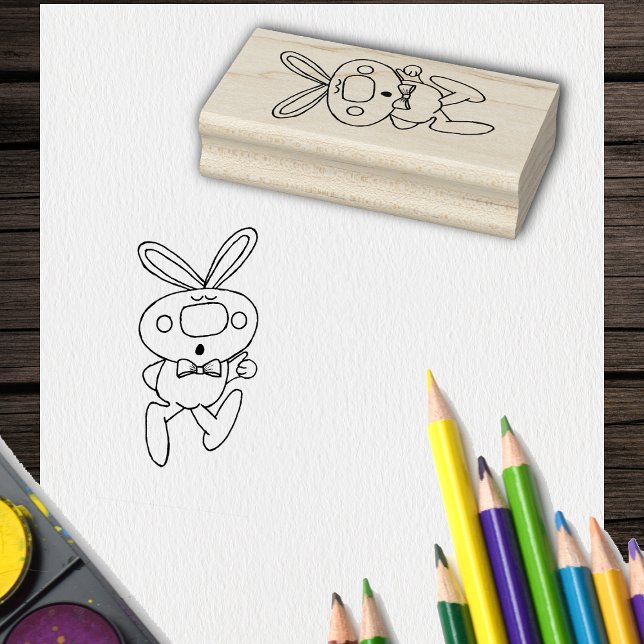 Carimbo De Borracha Bela Caricatura Desenhando Migalhas Para Cima Arco (Fun Cartoon rabbit thumbs up big nose bow tie on crafting rubber stamp.)
