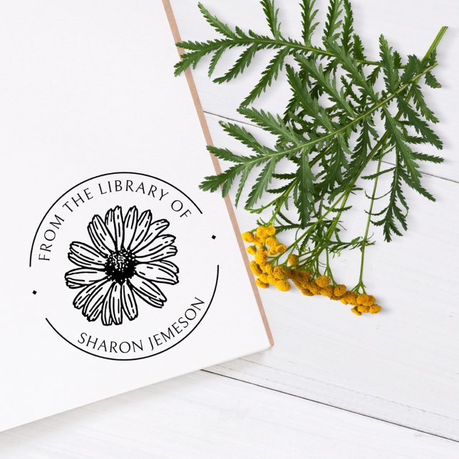 Carimbo De Borracha Bela Daisy Flower Personalizada Biblioteca Floral (Lovely Daisy Flower Custom Floral Library Book Rubber Stamp)