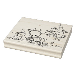 Carimbo De Borracha Bela Veada e Coelhinha Arte Ilustrada