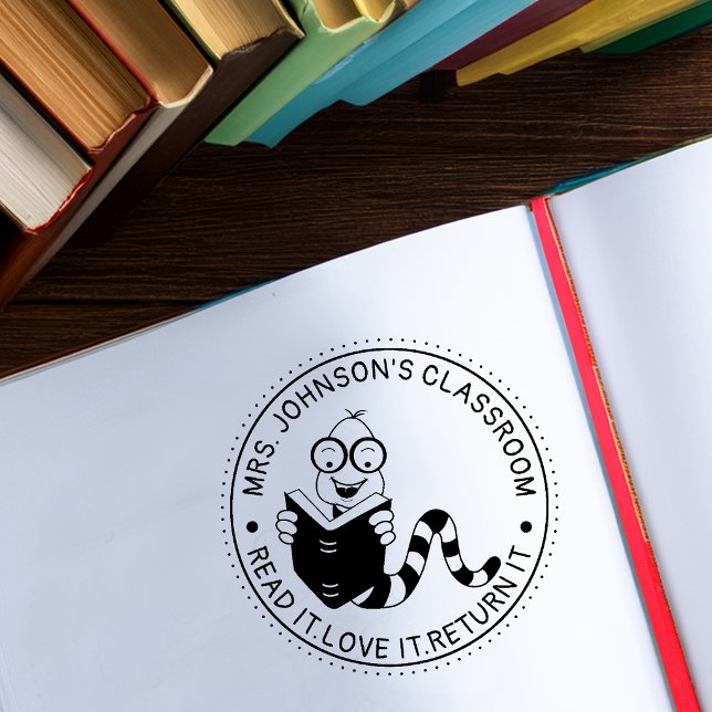 Carimbo De Borracha Biblioteca de Professores Sala de Aula Minhoca (Bookworm Library Teachers Classroom Rubber Stamp)
