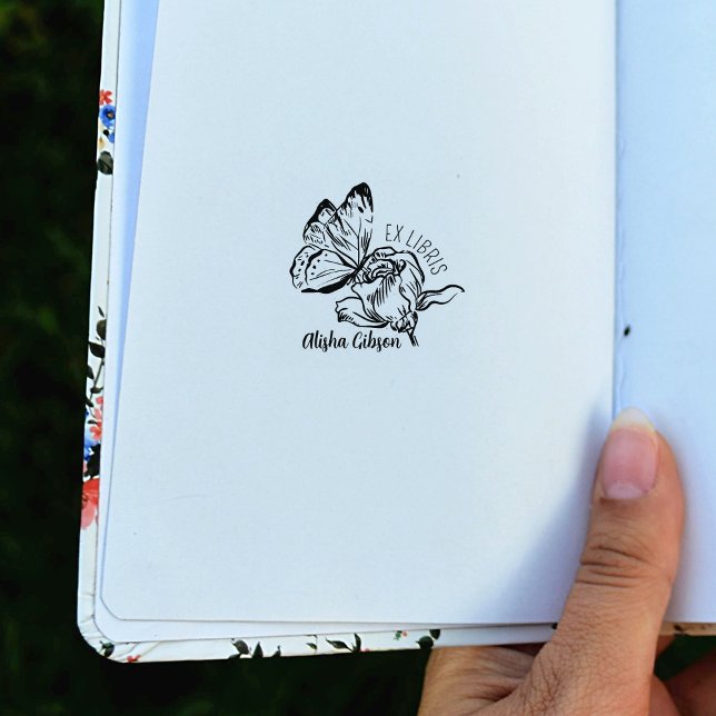 Carimbo De Borracha Borboleta Flor Moderna Ex Libris, Livro (Criador carregado)