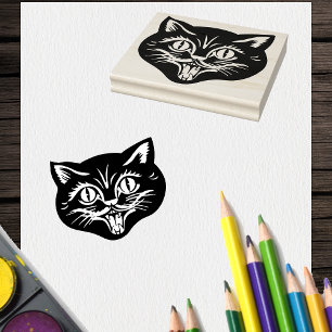 Carimbo De Borracha Cabeça de Gato de Halloween Antigo com Rosto Sorri