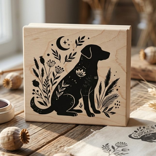 Carimbo De Borracha Cachorrinho Botânico Caprichoso da Lua do Prado (Black lab botanical art stamp)