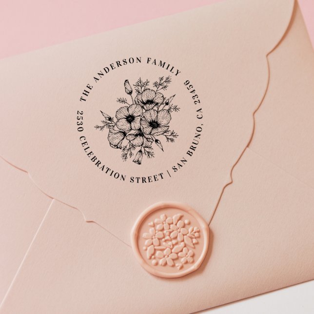Carimbo De Borracha California Poppy | Nome personalizado e endereço d (Rubber Stamp Mock-up)