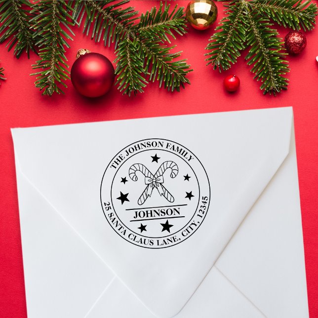 Carimbo De Borracha Candy Cane Família Arco Emblem + Endereço (Candy Cane and Bow Family Emblem + Address Rubber Stamp)