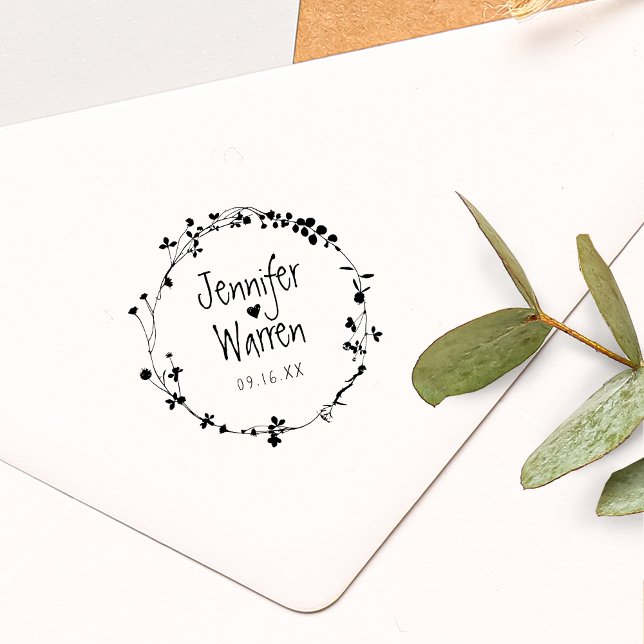 Carimbo De Borracha Casamento Personalizado de Fusela de Flor Selvagem (Hand Drawn Wildflower Wreath Personalized Wedding Rubber Stamp)