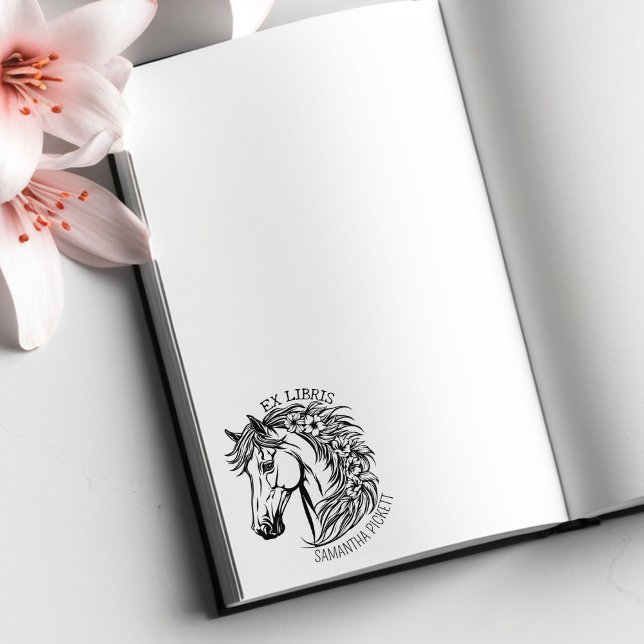 Carimbo De Borracha Cavalo Elegante com Flores, Ex Livro Libris (Criador carregado)